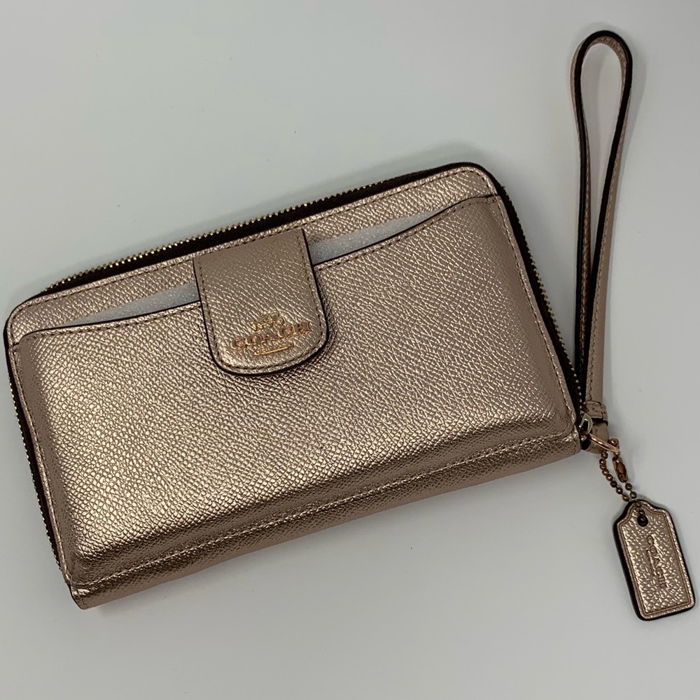 Coach Champagne gold rose gold wristlet wallet